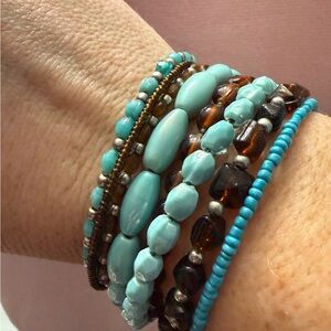 Turquoise and Brown Beaded Bracelet Coil Bracelet